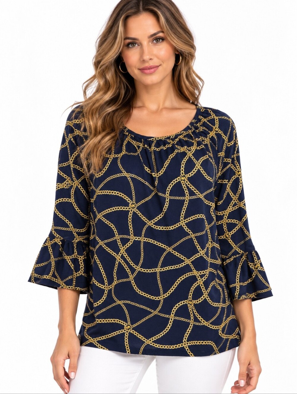 MICHAEL Michael Kors NWT Navy Gold Chain Print 3/4 Sleeve Top S